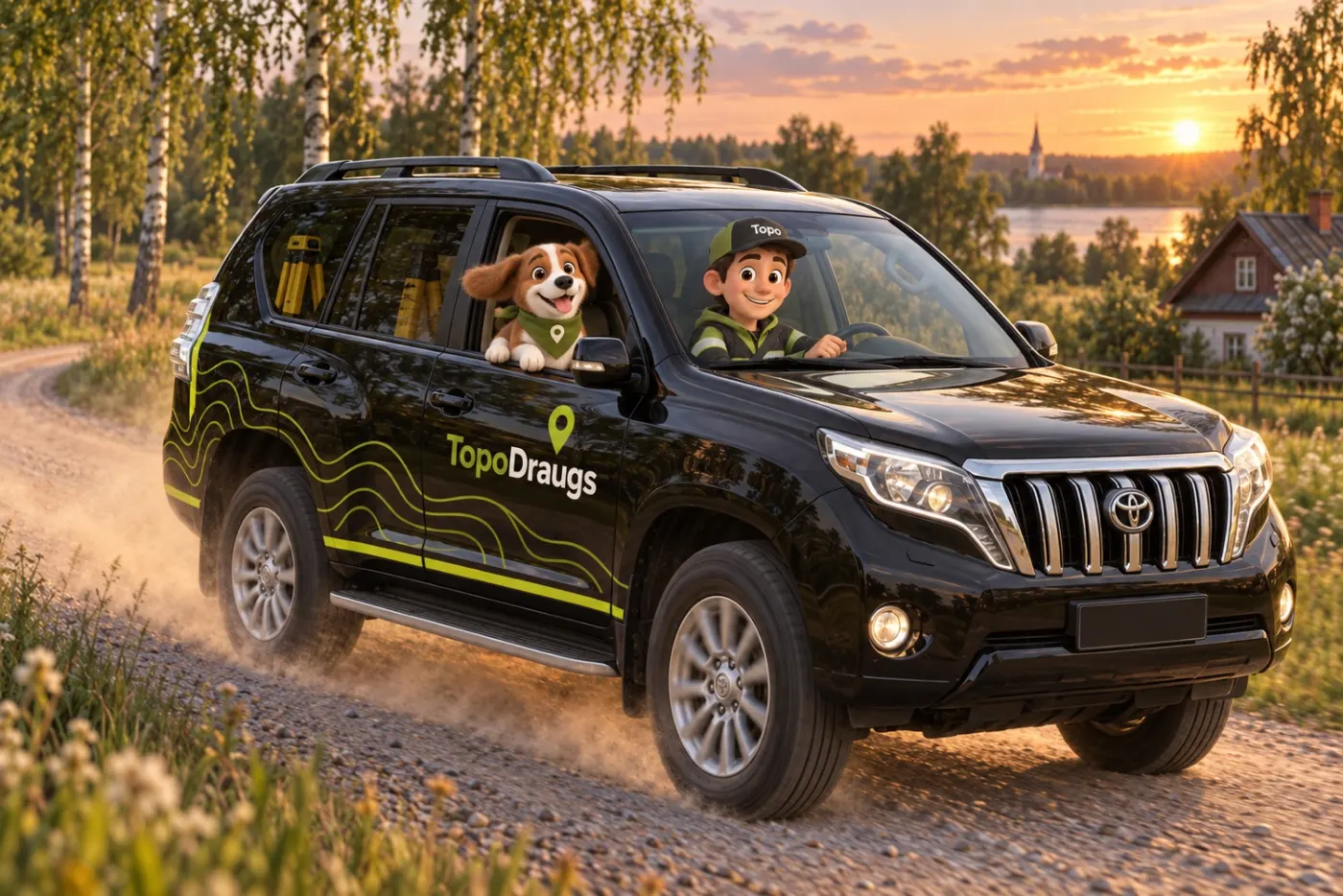 Mērnieks Topo brauc ar TopoDraugs auto pa lauku ceļu, suns Topo skatās pa logu.